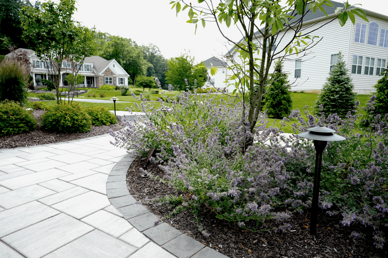 A walkway leading to a house designed and created by Planting Professionals.
