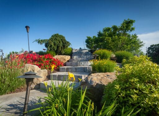 A garden with rocks and flowers in the background, offering landscaping services.