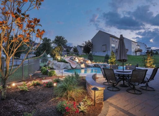 A backyard at dusk with a pool and patio furniture, perfect for hosting outdoor events or relaxation services.