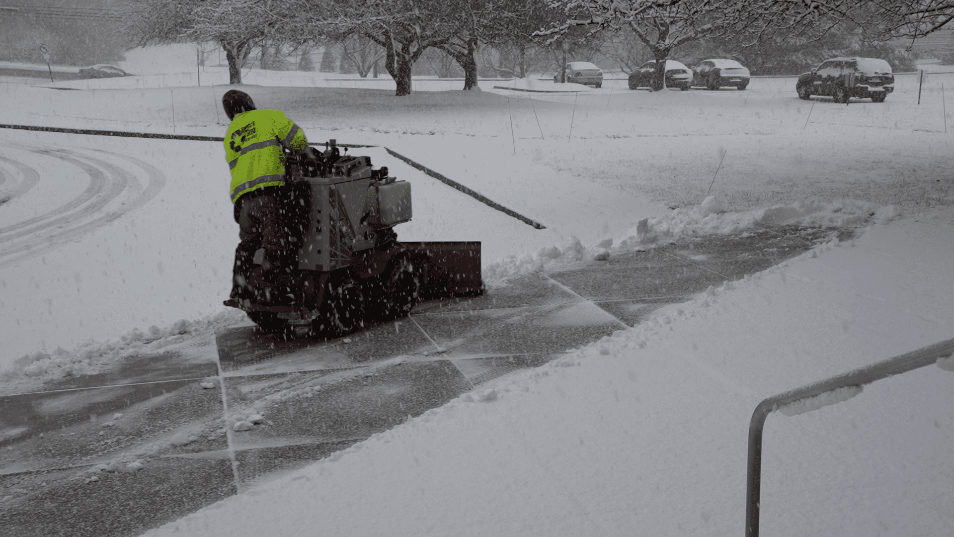 A man in a yellow vest working on a commercial snow blower for snow and ice management.