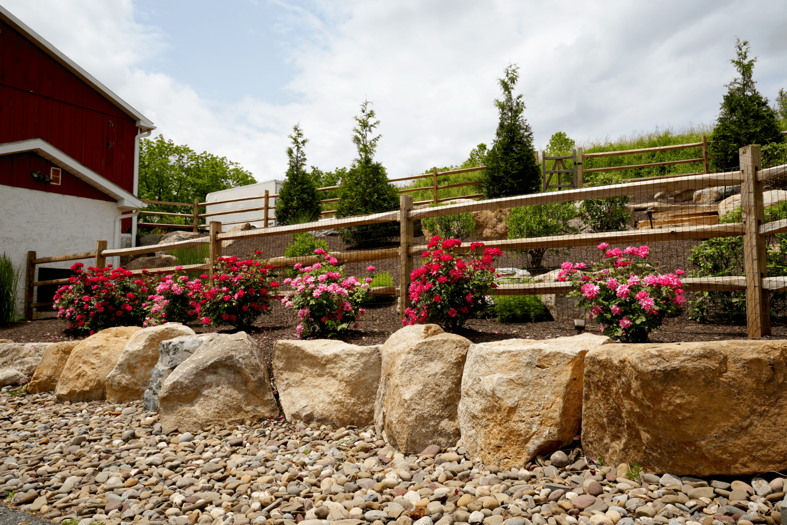 A boulder rock garden with flowers and a fence.
