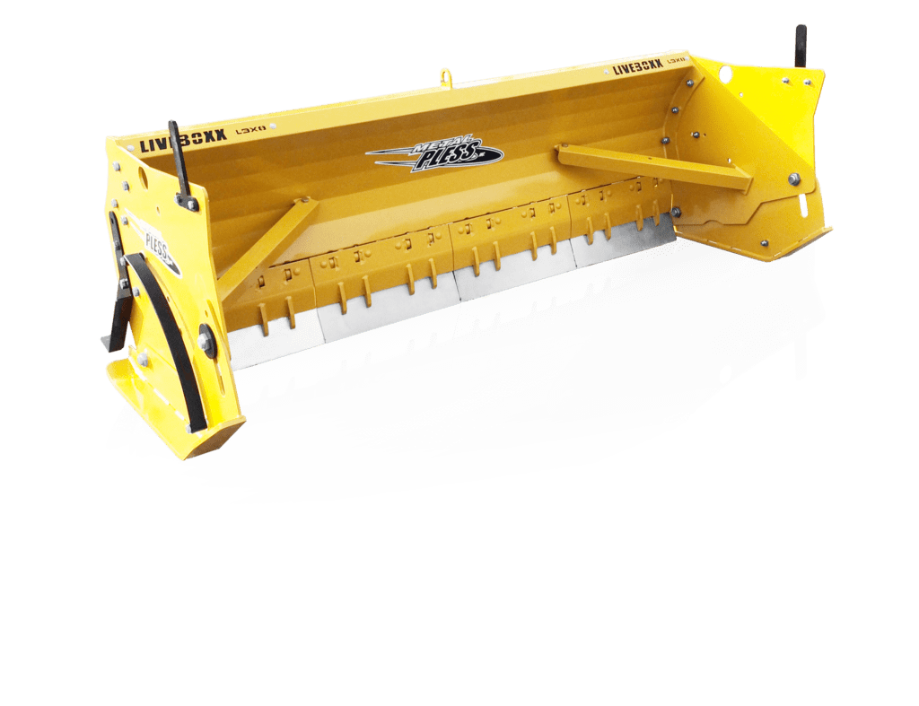 A metal pless snow plow on a white background.