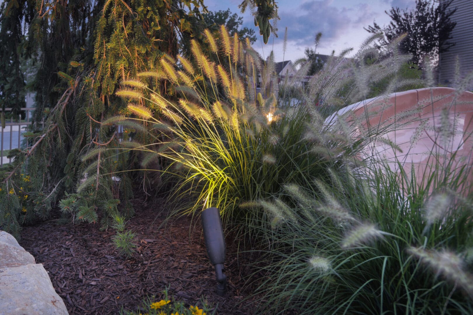 A grassy area with bushes and trees, enhanced by outdoor lighting for a serene ambiance.