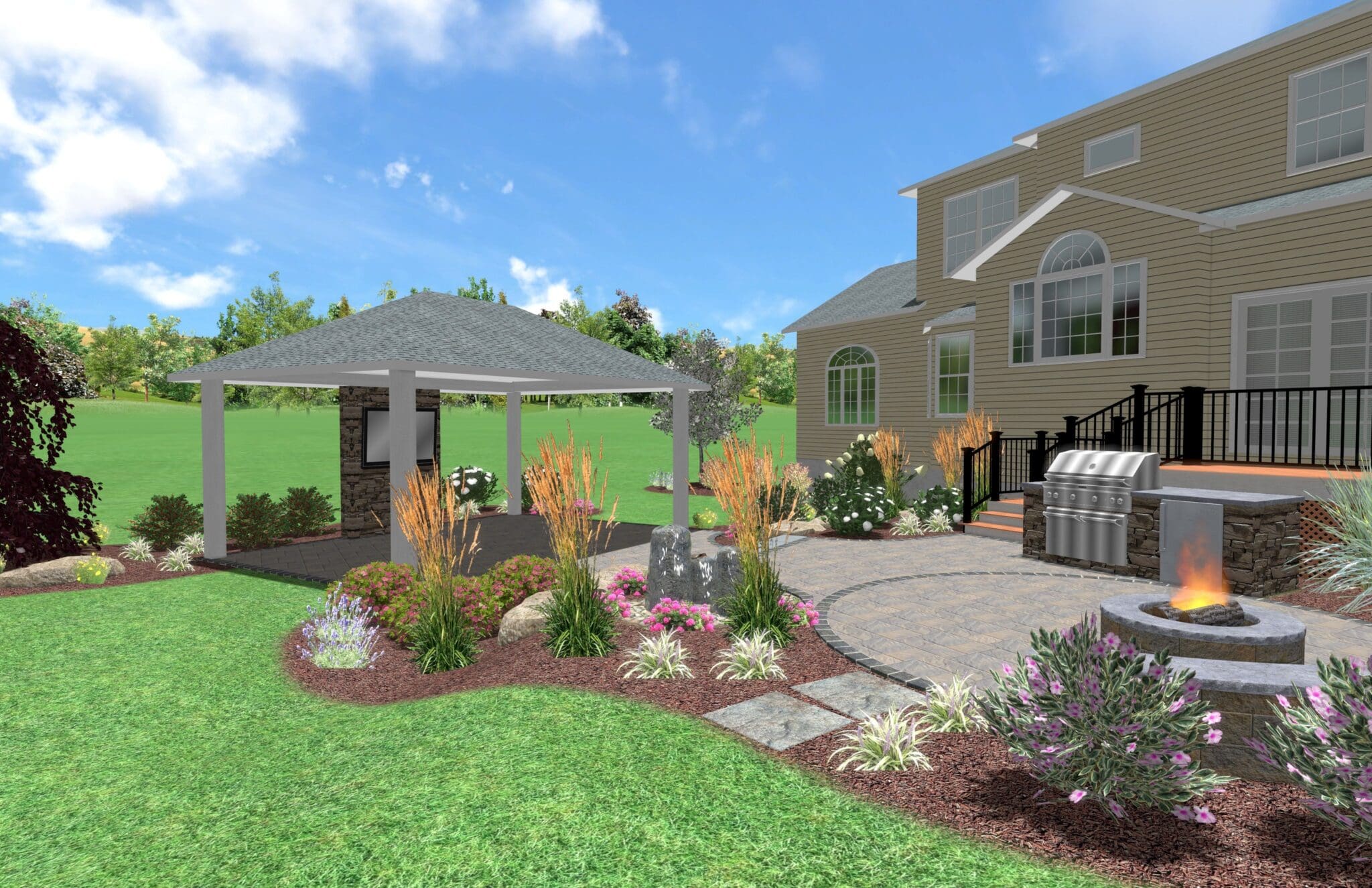 Services for a 3d rendering of a backyard with a fire pit.