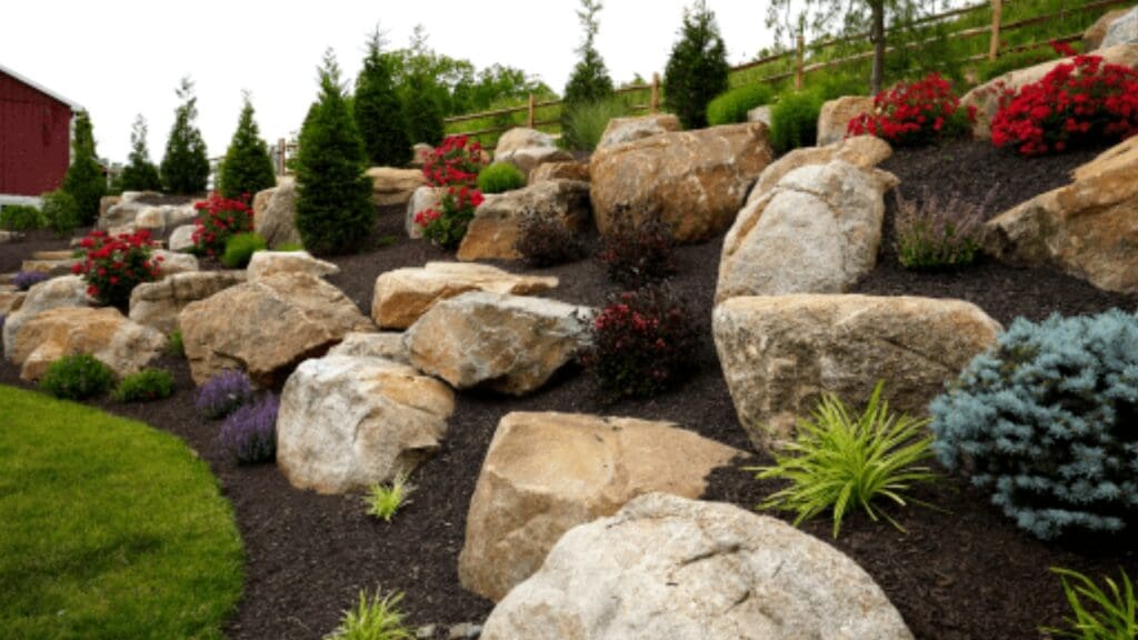 A garden with many different rocks and plants