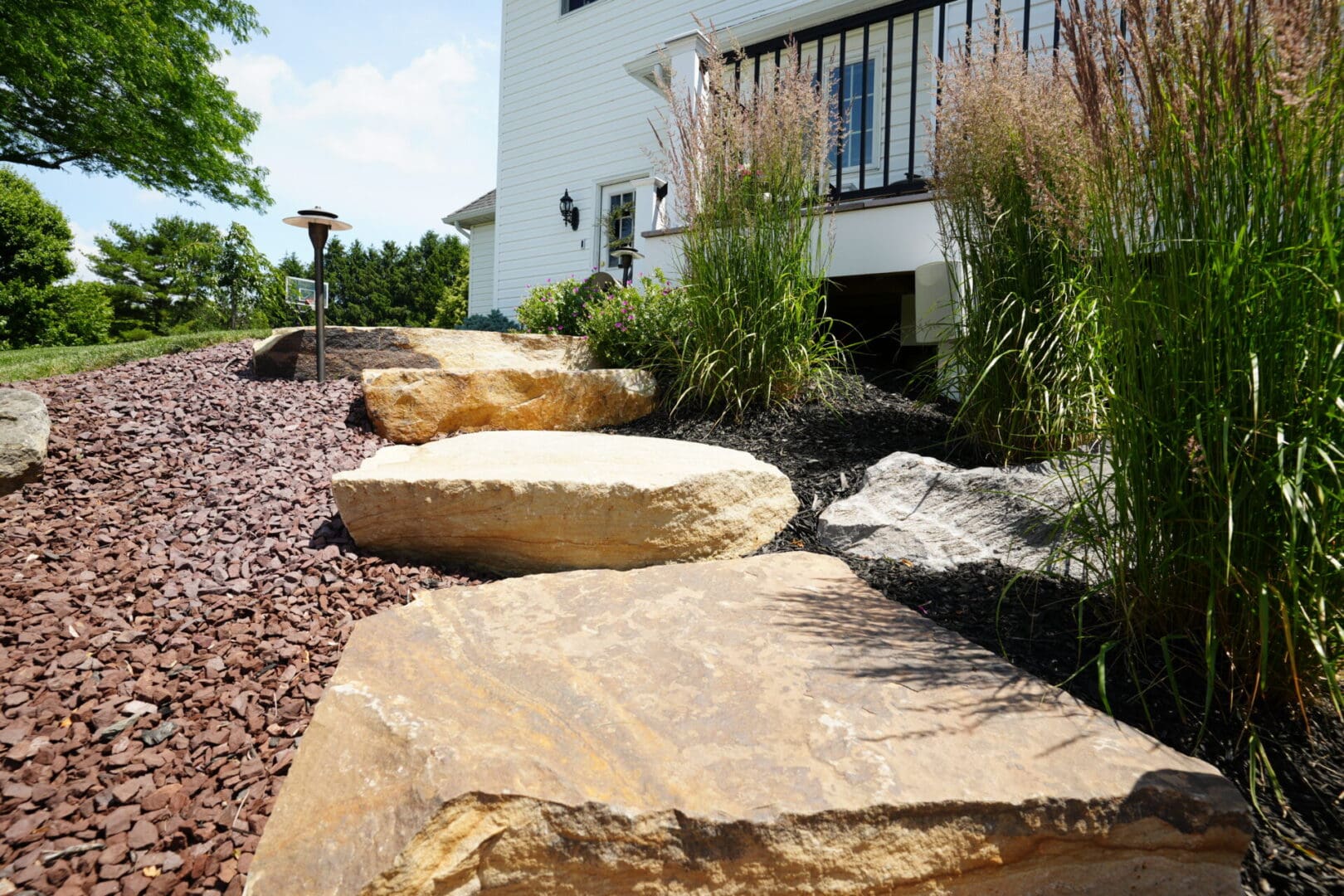 A garden with rocks and plants in the yard.