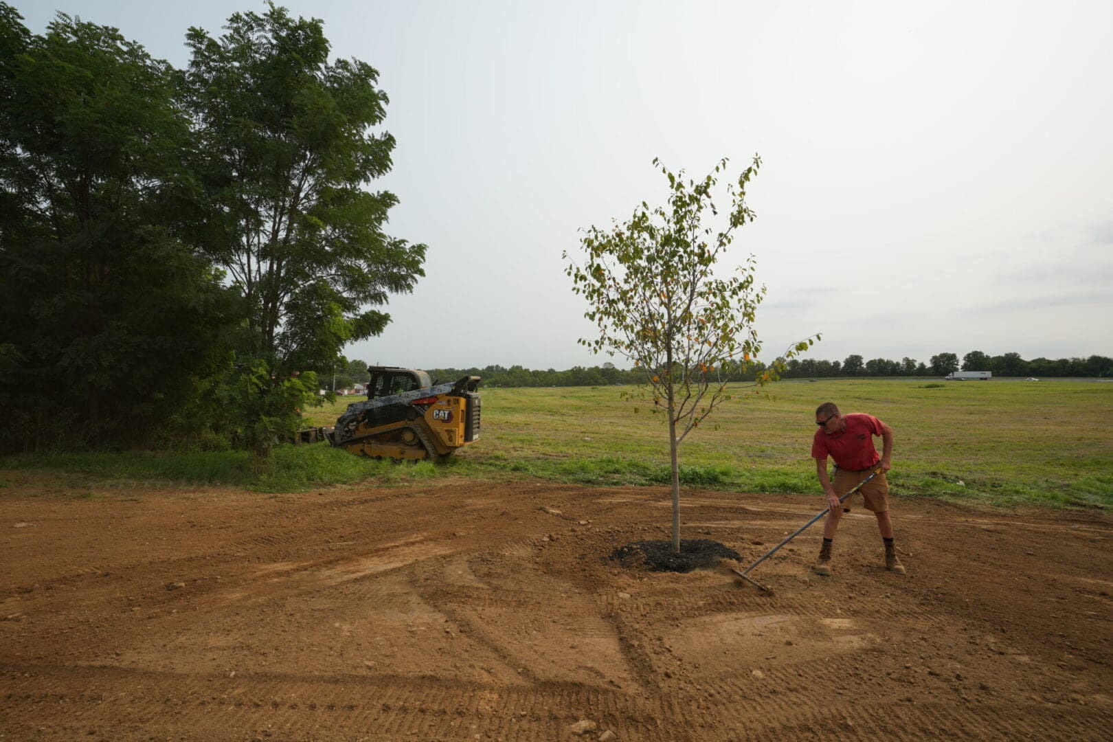 A man standing in the dirt near a tree.