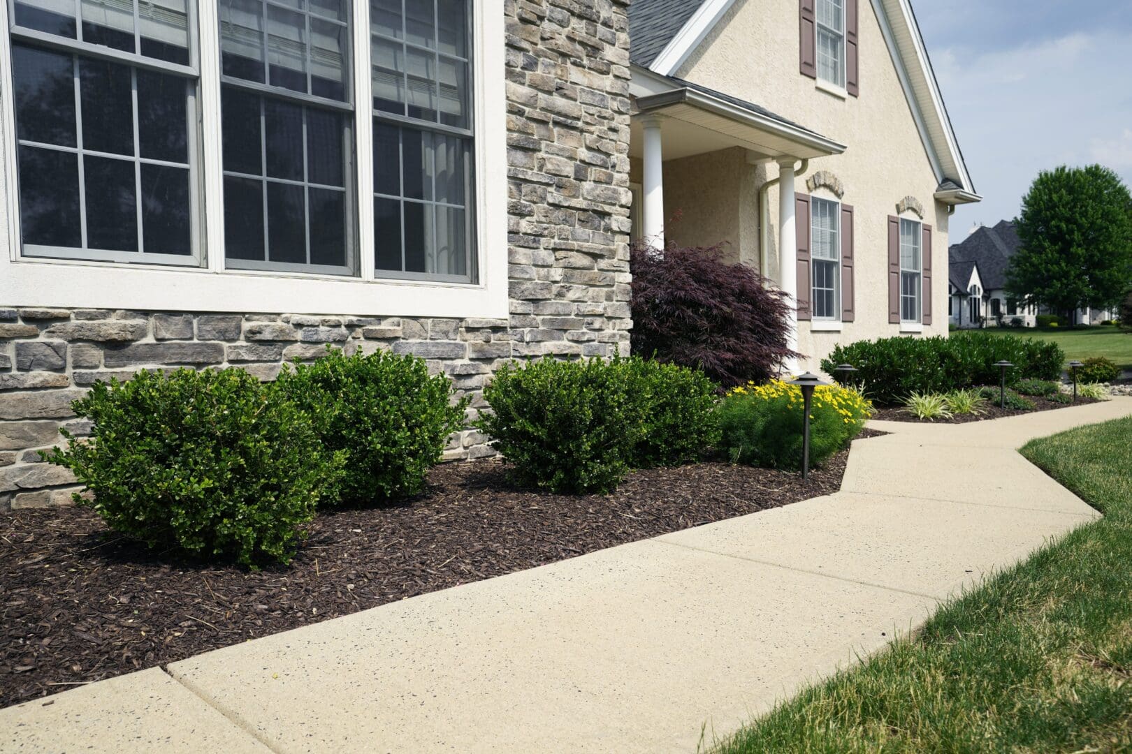 A house with bushes and shrubs in front of it.