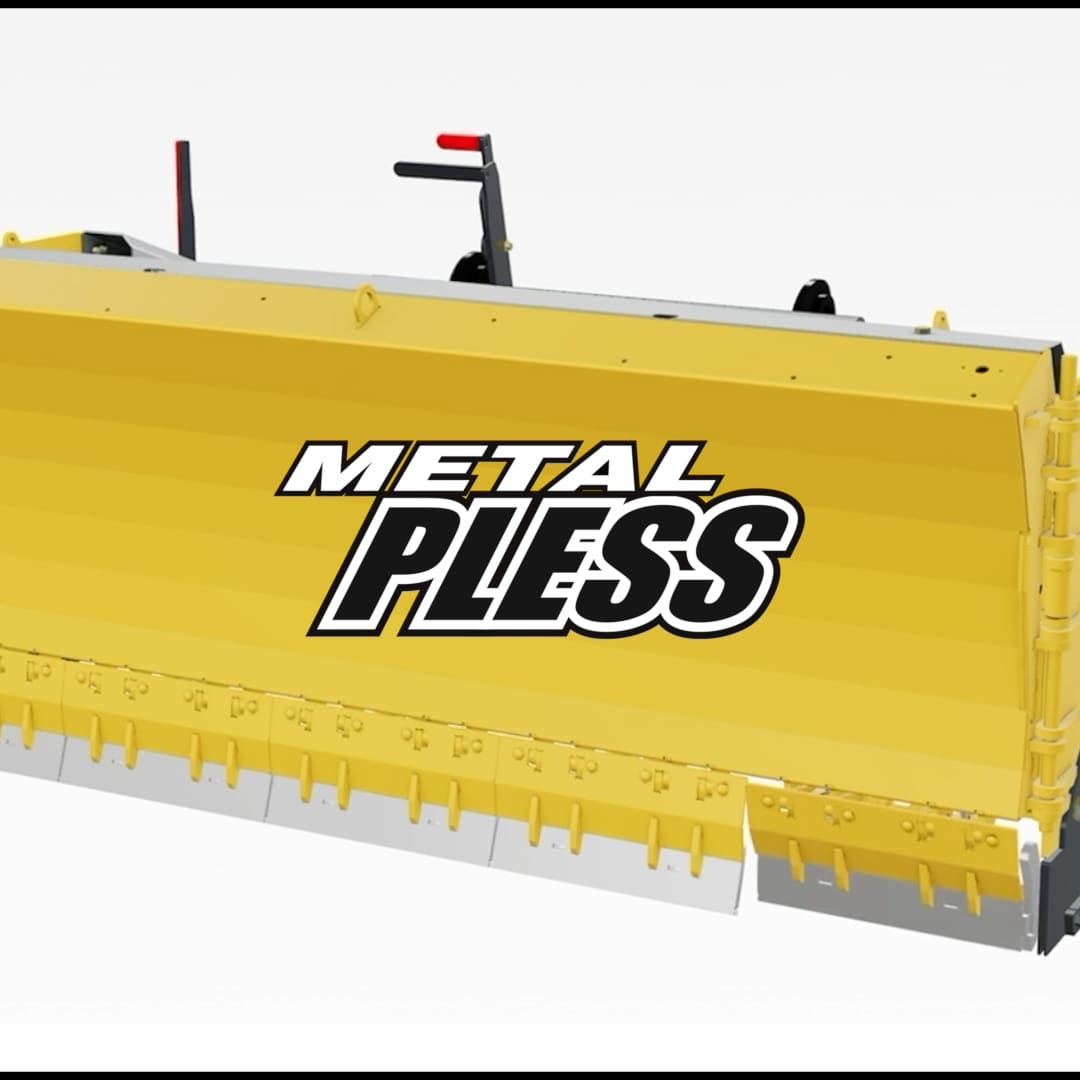 A yellow metal plough with the words " metalpless ".